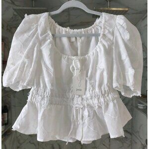 Joie White Eyelet Puff-Sleeve Peplum Blouse